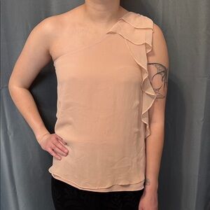 Greylin Boutique One-Shoulder Ruffle Chiffon Blouse in Pale Pink XS EUC
